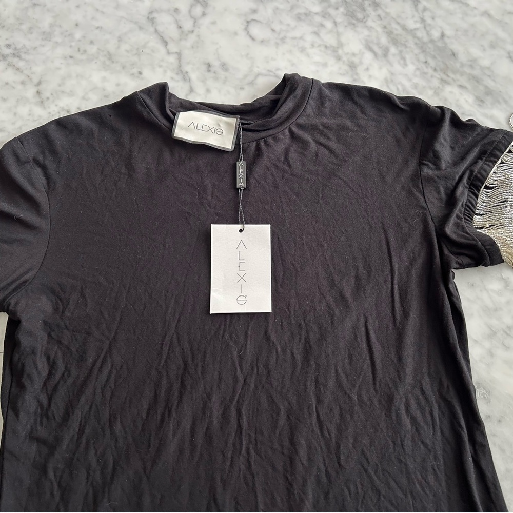 Alexis Black Short Sleeve women’s shirt with sequin fringes